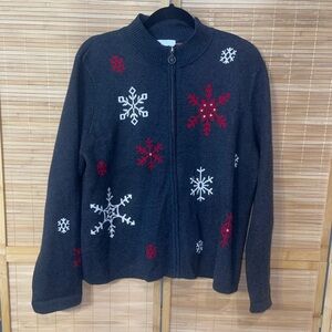 Breckenridge Petite Gray Full Zip Winter Sweater Snowflakes Women's Size PXL